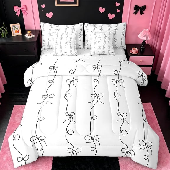 Manfei Kawaii Bow Twin Bedding Sets 7 Pieces,Princess Bowknot Bedding Comforter Set 7 Pieces,Black White Sheet Sets,Ultra Soft Room Decorative Reversible