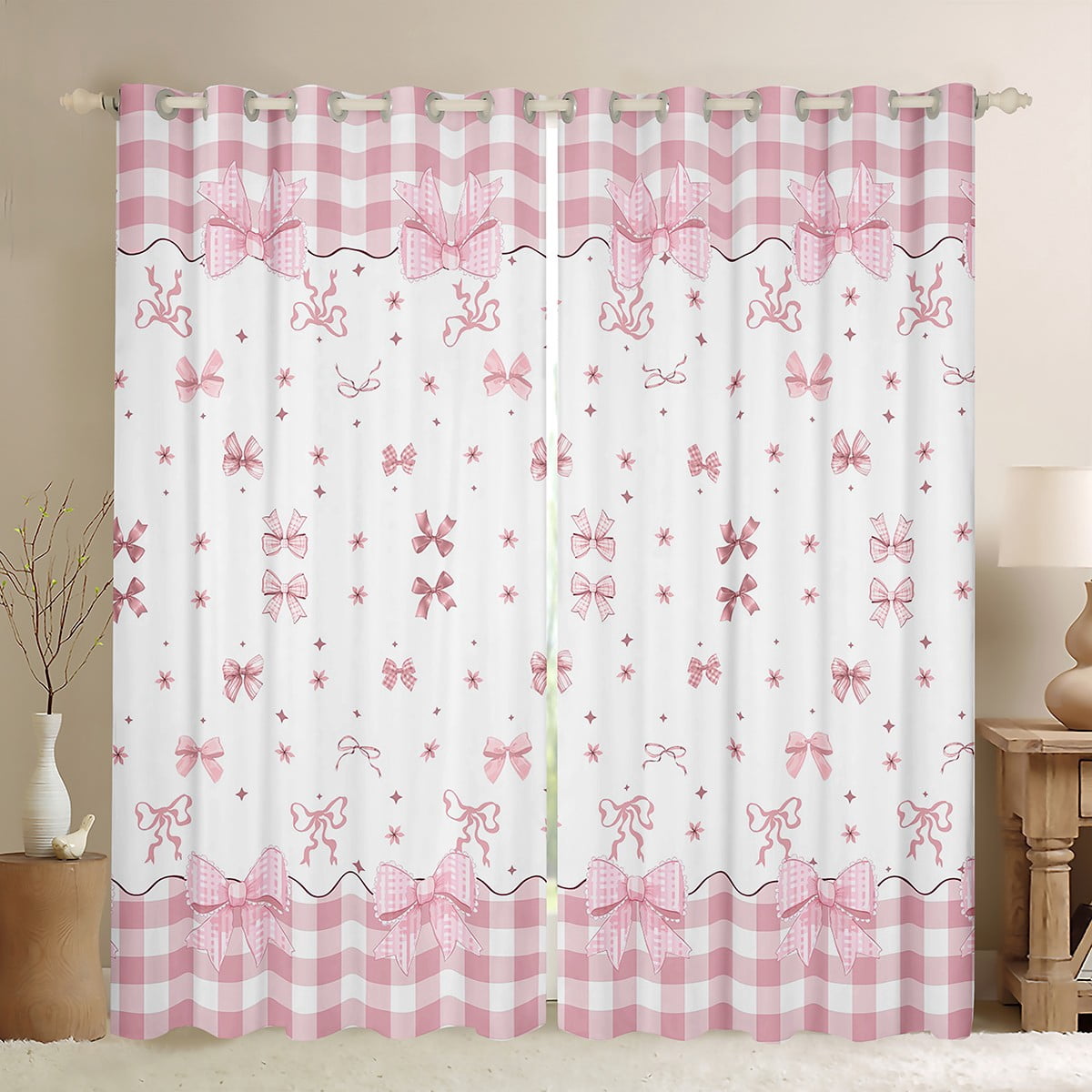 Manfei Kawaii Bowk Not Curtains Pack of 2 (42x84 Each),Cute Cartoon Bowtie Curtains Blackout,White Pink Buffalo Bedroom Curtains For Girl,Breathable Home Decor