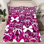 Manfei Kawaii Bowknot 3pcs Twin Sheet Sets,Black Pink Twin Fitted Sheet,Leopard Print Breathable Flat Sheet,Bow Tie Bedr