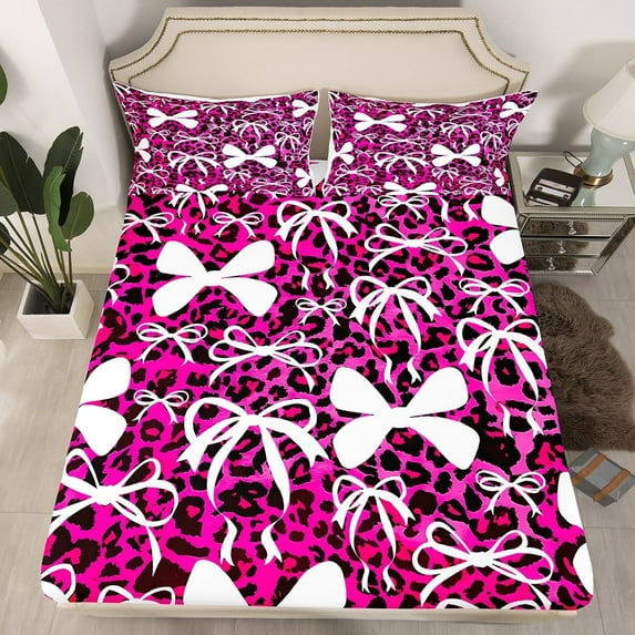 Manfei Kawaii Bowknot 3pcs Twin Sheet Sets,Black Pink Twin Fitted Sheet,Leopard Print Breathable Flat Sheet,Bow Tie Bedroom Decorative