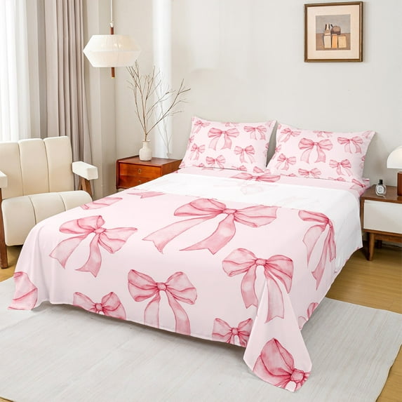 Manfei Kawaii Bowknot 3pcs Twin Sheet Sets,Cartoon Bow Twin Fitted Sheet,Dreamy Princess Breathable Flat Sheet,Bow Tie Bedroom Decorative