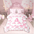 thumbnail image 1 of Manfei Kawaii Bowknot 7-Piece Bedding Comforter Set,Letter Personalized King Bedding Sets,Geometric Plaid Ultra Soft Bed Sheets,Ultra Soft Teenager Bedroom Decor,Reversible, 1 of 7
