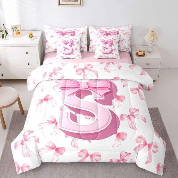 Manfei Kawaii Bowknot 7-Piece Queen Bedding Set,Letter Personalized,Ultra Soft Teen Decor