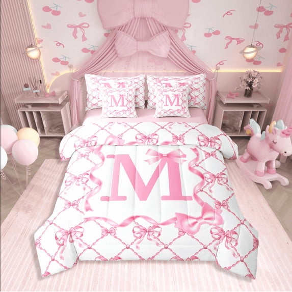 Manfei Kawaii Bowknot 7pcs Bedding Comforter Set,Letter Personalized Queen Bedding Sets Super Cozy,Geometric Grid Queen Sheet Sets,Ultra Soft Teens Bedroom Decor,Reversible
