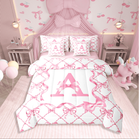 Manfei Kawaii Bowknot 7pcs Bedding Comforter Set,Letter Personalized Queen Bedding Sets Super Cozy,Geometric Plaid Queen Sheet Sets,Ultra Soft Teenager Bedroom Decor,Reversible