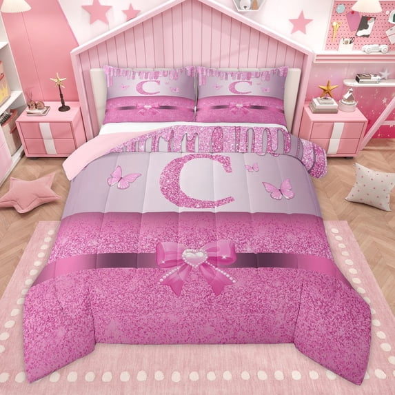 Manfei Kawaii Bowknot Alphabet C 2pcs Bedding Comforter Set for Female Women Teens,Bling Glitter Splash Twin Comforter Sets,Flying Butterfly Breathable Bedding Set,Dreamy Princess Room Decor