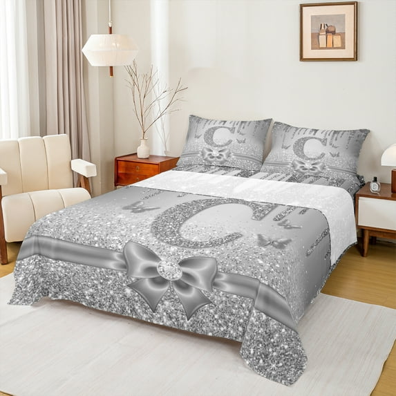 Manfei Kawaii Bowknot Alphabet C 3pcs Twin Sheet Sets for Female Women Teens,Bling Glitter Splash Twin Fitted Sheet,Flying Butterfly Breathable Flat Sheet,Dreamy Princess Room Decor