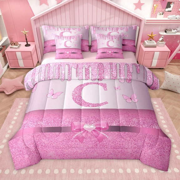 Manfei Kawaii Bowknot Alphabet C 7-Piece Twin Bedding Sets for Female Women Teens,Bling Glitter Splash Bedding Comforter Set,Flying Butterfly Breathable Sheet Sets,Dreamy Princess Room Decor