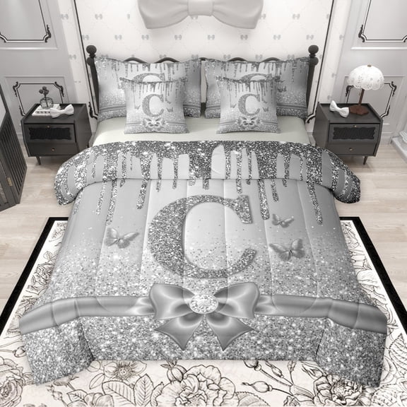 Manfei Kawaii Bowknot Alphabet C 7-Piece Twin Bedding Sets for Female Women Teens,Bling Glitter Splash Bedding Comforter Set,Flying Butterfly Breathable Sheet Sets,Dreamy Princess Room Decor