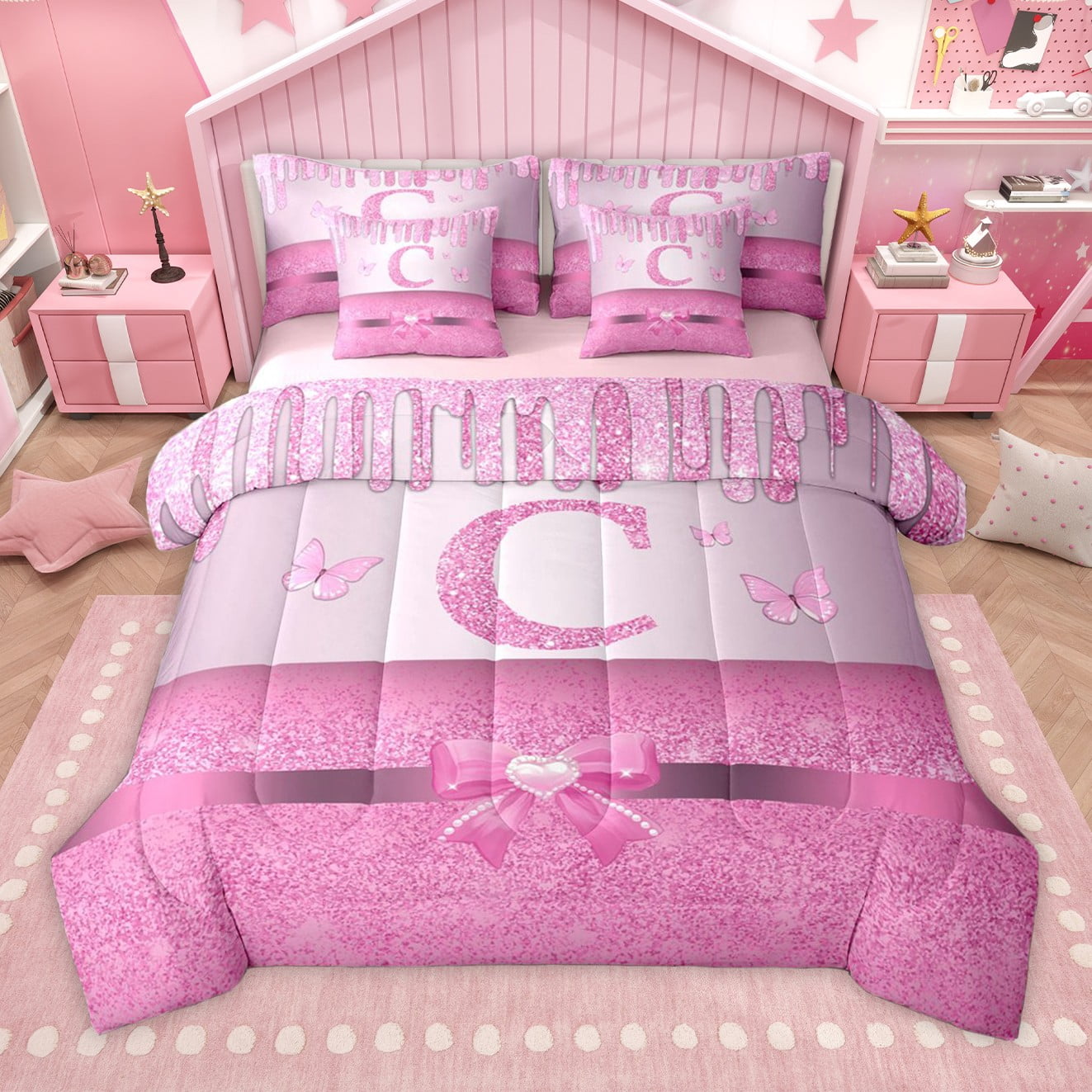 Manfei Kawaii Bowknot Alphabet C 7pcs Bedding Comforter Set for Female Women Teens,Bling Glitter Splash Queen Bedding Sets Super Cozy,Flying Butterfly Queen Sheet Sets,Dreamy Princess Decor