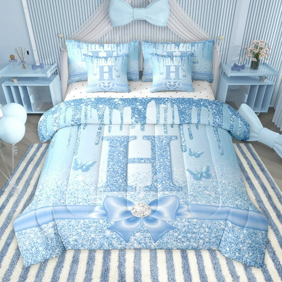 Manfei Kawaii Bowknot Alphabet H 7pcs Bedding Comforter Set for Female Women Teens,Bling Glitter Splash Queen Bedding Sets Super Cozy,Flying Butterfly Queen Sheet Sets,Dreamy Princess Decor