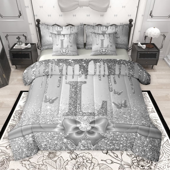 Manfei Kawaii Bowknot Alphabet L 7-Piece Bedding Comforter Set for Female Women Teens,Bling Glitter Splash King Bedding Sets,Flying Butterfly Ultra Soft Bed Sheets,Dreamy Princess Room Decor