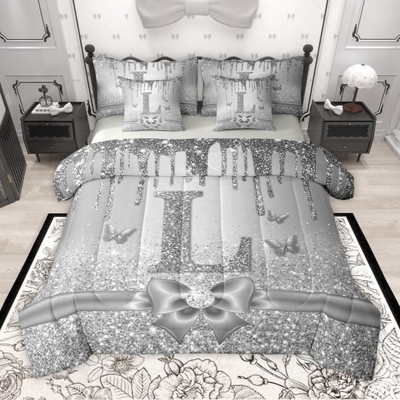 Manfei Kawaii Bowknot Alphabet L 7-Piece Twin Bedding Sets for Female Women Teens,Bling Glitter Splash Bedding Comforter Set,Flying Butterfly Breathable Sheet Sets,Dreamy Princess Room Decor