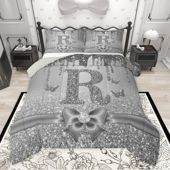 Manfei Kawaii Bowknot Alphabet R 2pcs Bedding Comforter Set for Female Women Teens,Bling Glitter Splash Twin Comforter Sets,Flying Butterfly Breathable Bedding Set,Dreamy Princess Room Decor