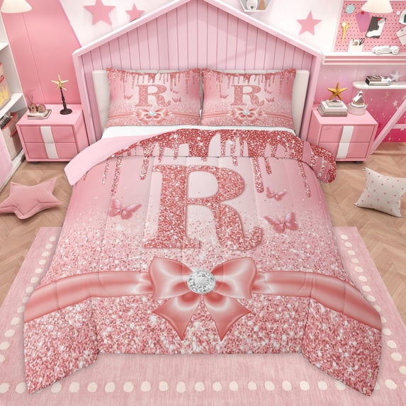 Manfei Kawaii Bowknot Alphabet R 3 Pieces Queen Comforter Set for Female Women Teens,Bling Glitter Splash Ultra Soft Bedding Sets,Flying Butterfly Bedding Comforter Set,Dreamy Princess Decor