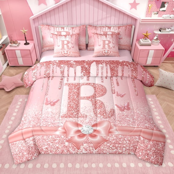 Manfei Kawaii Bowknot Alphabet R 7-Piece Twin Bedding Sets for Female Women Teens,Bling Glitter Splash Bedding Comforter Set,Flying Butterfly Breathable Sheet Sets,Dreamy Princess Room Decor