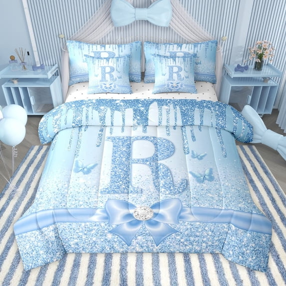 Manfei Kawaii Bowknot Alphabet R 7-Piece Twin Bedding Sets for Female Women Teens,Bling Glitter Splash Bedding Comforter Set,Flying Butterfly Breathable Sheet Sets,Dreamy Princess Room Decor