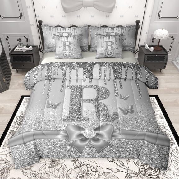 Manfei Kawaii Bowknot Alphabet R 7pcs Bedding Comforter Set for Female Women Teens,Bling Glitter Splash Queen Bedding Sets Super Cozy,Flying Butterfly Queen Sheet Sets,Dreamy Princess Decor