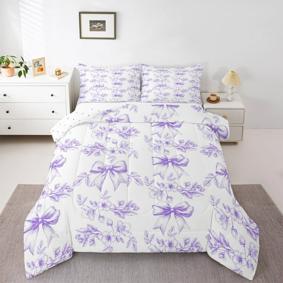 Manfei Kawaii Bowknot Bedding Comforter Set,Purple Floral Leaves Twin Comforter Sets,Cartoon Bow Knot Bedding Set For Boys Girl,Lightweight Bedroom Decor Reversible,2 Pieces