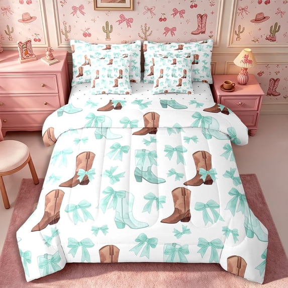 Manfei Kawaii Bowknot Boots King Bedding 7pcs,Western Cowgirl King Bed in a Bag,White Mint