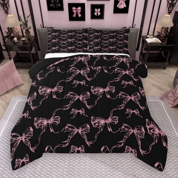 Manfei Kawaii Bowknot Bowtie Full Size Comforter Sets,Cartoon Loves Pattern Bedding Comforter Set,Pink Black Bedding Sets For Girl,Breathable Home Decor Reversible,3-Piece