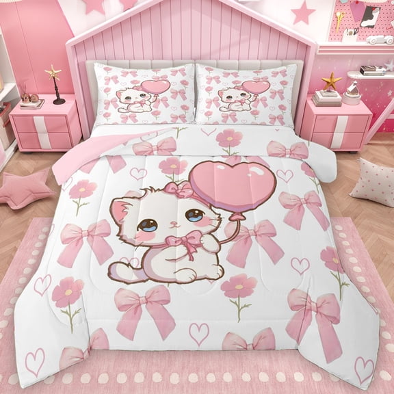 Manfei Kawaii Bowknot Cat Queen Comforter Set, Pink Love Heart Balloon Bedding Sets, Dreamy Cartoon Animal Reversible Bedding Comforter Set, Breathable Home Decor, 3pcs