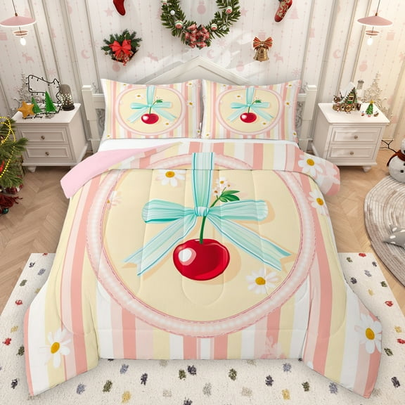 Homewish Kawaii Bowknot Cherry Bedding Comforter Set, Chic Pink Stripes Twin Comforter Sets, Cartoon Groovy Flower Reversible Bedding Set, Lightweight Room Decor, 2pcs