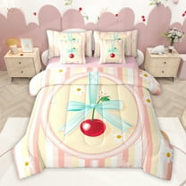 Homewish Kawaii Bowknot Cherry Twin Bedding Sets 7-Piece, Chic Pink Stripes Bedding Comforter Set, Cartoon Groovy Flower Reversible Sheet Sets, Lightweight Room Decor