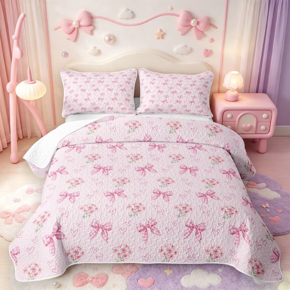 Manfei Kawaii Bowknot Floral Twin Quilt Set,Ribbon Bow Tie Twin Coverlet Set,3pcs,1 Bedspread and 1 Pillowcase