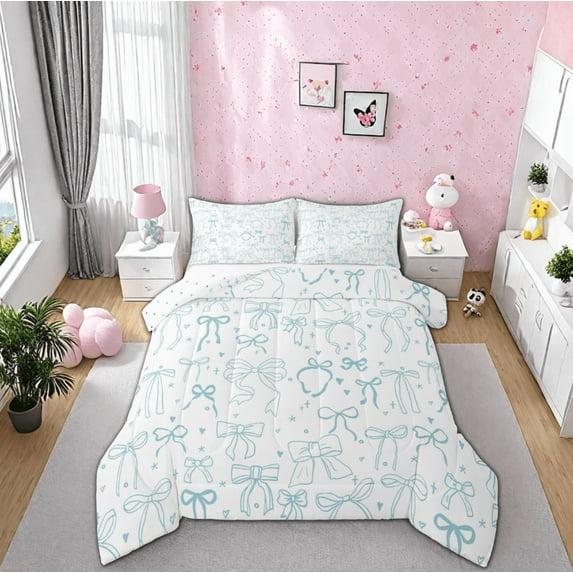 Manfei Kawaii Bowknot Full Size Comforter Sets,Cartoon Bowtie Bow Bedding Comforter Set,Pblue Loves Pattern Bedding Sets For Girl,Breathable Home Decor Reversible,3 Pieces