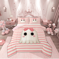 Manfei Kawaii Bowknot Ghost Bedding Comforter Set for Teen, Pink Stripes Geometric Twin Comforter Sets, Sugar Halloween Reversible Bedding Set, Ultra Soft Home Decor, 2 Pieces