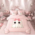 thumbnail image 1 of Manfei Kawaii Bowknot Ghost Twin Bedding Sets 7-Piece for Teen, Pink Stripes Geometric Bedding Comforter Set, Sugar Halloween Reversible Sheet Sets, Ultra Soft Home Decor, 1 of 7