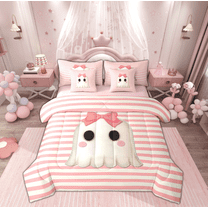 Manfei Kawaii Bowknot Ghost Twin Bedding Sets 7-Piece for Teen, Pink Stripes Geometric Bedding Comforter Set, Sugar Halloween Reversible Sheet Sets, Ultra Soft Home Decor