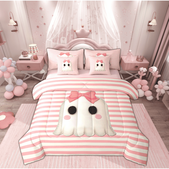 Manfei Kawaii Bowknot Ghost Twin Bedding Sets 7-Piece for Teen, Pink Stripes Geometric Bedding Comforter Set, Sugar Halloween Reversible Sheet Sets, Ultra Soft Home Decor