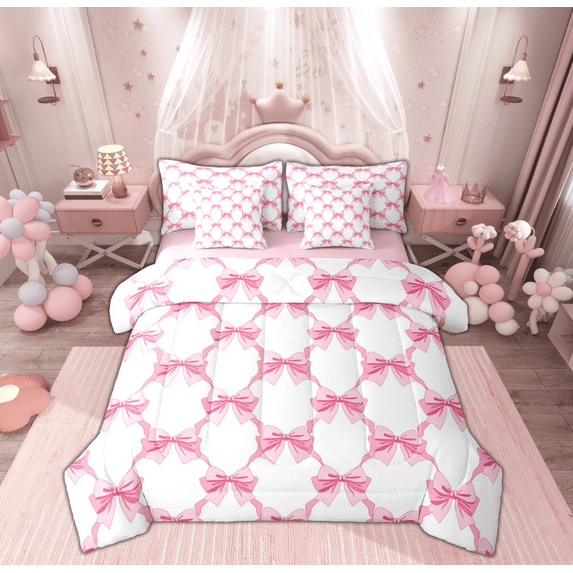 Manfei Kawaii Bowknot Kids Bedding Comforter Set 7-Piece, Cartoon Pink Ribbon King Bedding Sets, Princess Theme Reversible Bed Sheets, Lightweight Room Decor