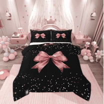Manfei Kawaii Bowknot Kids Bedding Comforter Set, Cartoon Pink Ribbon Twin Comforter Sets, Glitter Sequin Print Reversible Bedding Set, Luxury Bedroom Decor, 2 Pieces