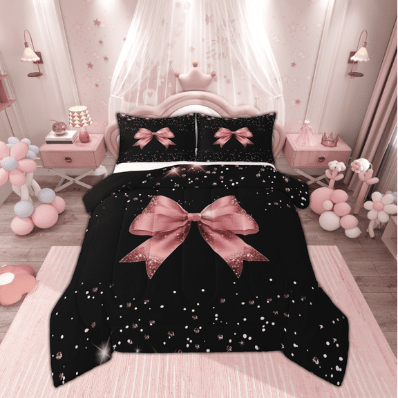 Manfei Kawaii Bowknot Kids Bedding Comforter Set, Cartoon Pink Ribbon Twin Comforter Sets, Glitter Sequin Print Reversible Bedding Set, Luxury Bedroom Decor, 2 Pieces
