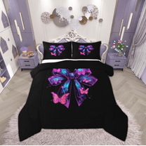 Manfei Kawaii Bowknot Kids Bedding Comforter Set, Dreamy Ribbon Animal Twin Comforter Sets, Neon Pink Butterfly Reversible Bedding Set, Ultra Soft Home Decor, 2pcs