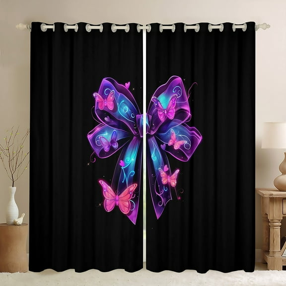 Manfei Kawaii Bowknot Kids Black Out Curtains, Dreamy Ribbon Animal Curtains Pack of 2 (42x63 Each), Neon Pink Butterfly Bedroom Curtains, Curtains and Drapes Home Decor