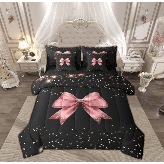 Manfei Kawaii Bowknot Kids Twin Bedding Sets 7-Piece, Cartoon Pink Ribbon Bedding Comforter Set, Glitter Sequin Print Reversible Sheet Sets, Luxury Bedroom Decor
