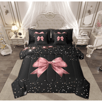 Manfei Kawaii Bowknot Kids Twin Bedding Sets 7-Piece, Cartoon Pink Ribbon Bedding Comforter Set, Glitter Sequin Print Reversible Sheet Sets, Luxury Bedroom Decor