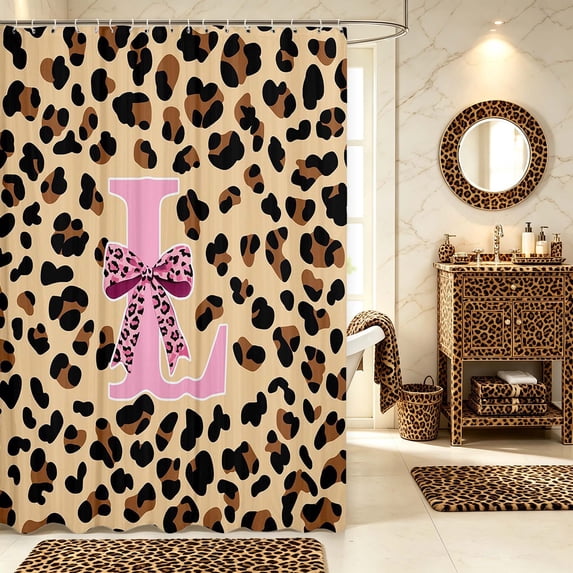 Manfei Kawaii Bowknot Letter L Shower Curtain 72Wx78L,Chic Cheetah Bath Curtain,Peach