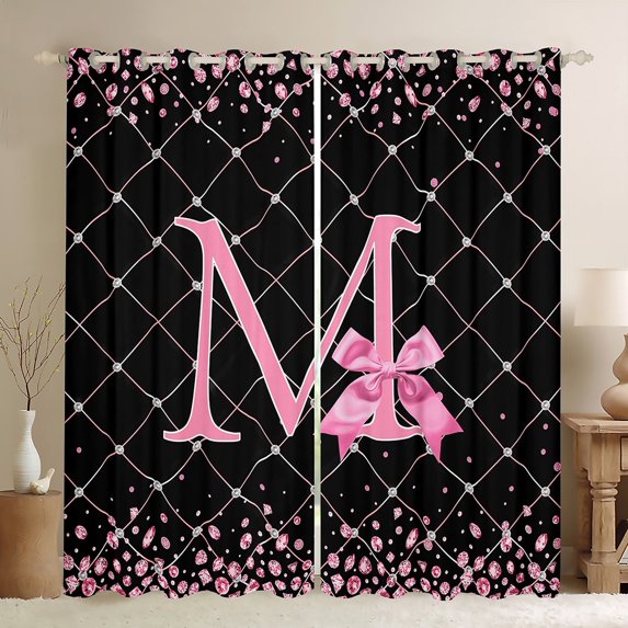 Manfei Kawaii Bowknot Letter M Blackout Curtains Set of 2 (52x84 Each), Glitter Diamond Window Curtains, Black Pink Cartoon Curtains and Drapes, Curtains and Drapes Bedroom Decor