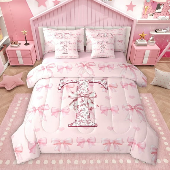 Homewish Kawaii Bowknot Monogrammed T Twin Bedding Sets 7-Piece, Vintage Flower Floral Bedding Comforter Set, Kids Teens Girls Reversible Sheet Sets, Ultra Soft Bedroom Decor