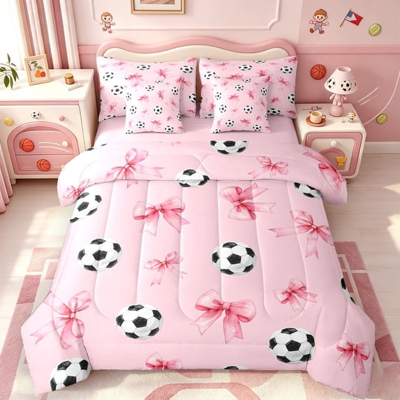 Manfei Kawaii Bowknot Ribbon 7-Piece Twin Bedding,Soccer Ball Sport Bedding Comforter Set,Pink Reversible