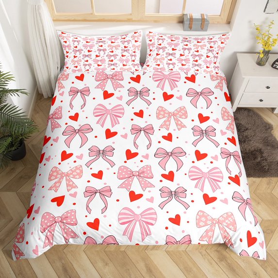 Manfei Kawaii Bowknot Ribbon Duvet Cover Twin,Red Cartoon Loves Pattern Bedding Sets Twin Size,Pink Bow Tie Bed Set For Girls Teens,Ultra Soft Home Decor Reversible(No Comforter),2pcs
