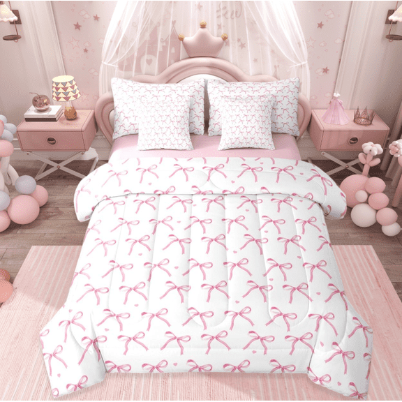 Manfei Kawaii Bowknot Twin Bedding Sets 7-Piece,Cartoon Bowtie Bow Bedding Comforter Set,Pink Loves Pattern Sheet Sets For Girl,Breathable Home Decor Reversible