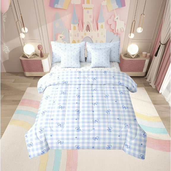 Manfei Kawaii Bowknot Twin Bedding Sets 7pcs,Blue Geometric Grid Bedding Comforter Set 7pcs,Cartoon Bow Knot Sheet Sets For Boys Girl,Lightweight Bedroom Decor Reversible