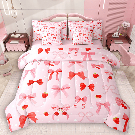 Manfei Kawaii Bowknot Twin Bedding Sets 7pcs for Kids Girls, Cute Strawberry Bedding Comforter Set, Pink Red Sheet Sets, Super Cozy Room Decor