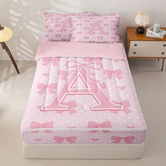 Manfei Kawaii Bows Zipper Twin Comforter Sets with Fitted Sheet and 2 Pillowcases For Girls,Pink Letter A Initial Lettering Zipper Bedding Set,Pink Reversible,4-Piece